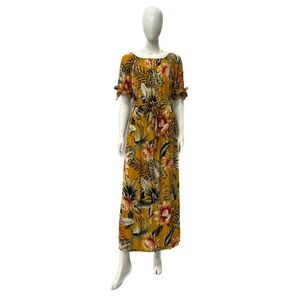 Tropical print dress with tie belt